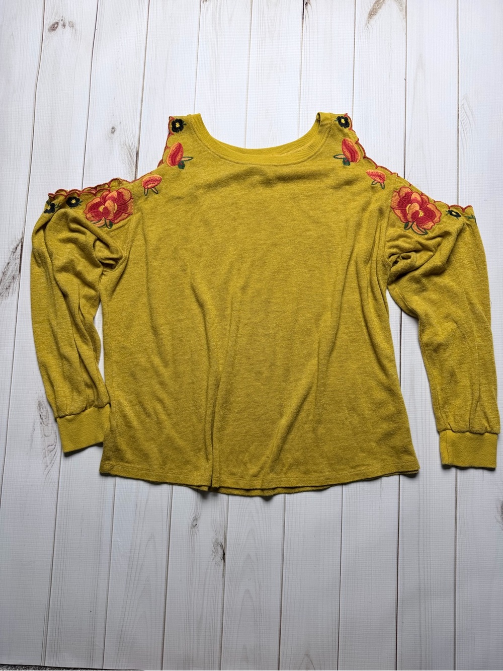 Umgee Mustard Yellow Cold-Shoulder Embroidered Sweatshirt